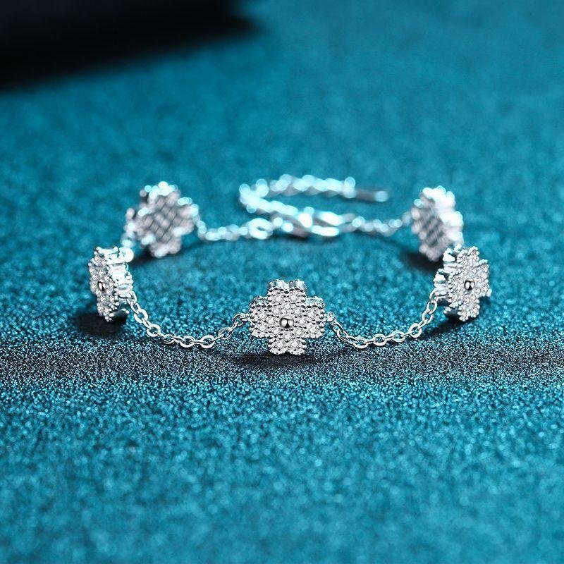S925Sterling Silver Women's Light Luxury Versatile Five-Flower Four-Leaf Clover Chain Micro-Inlaid Moissanite Bracelet